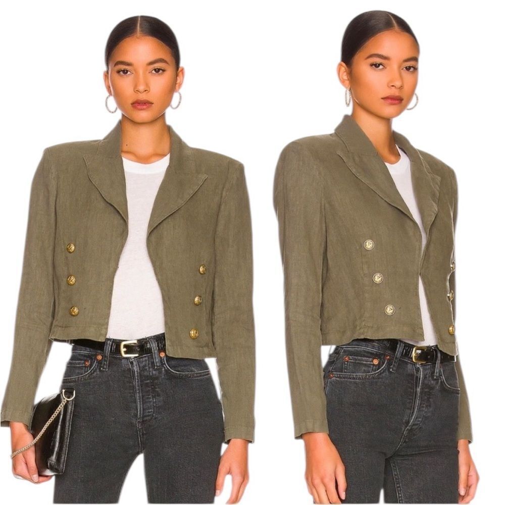 L'AGENCE Olive Dolly Cropped military Double-Breasted Blazer with Gold Buttons